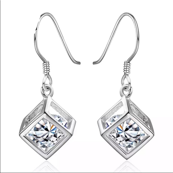 Jewelry - New Sterling Silver Diamond Hollow Cube Earrings